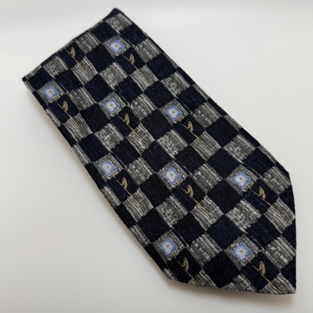 Jos A Bank Silk Tie One Size Navy Grey Check Floral Italian Dark Academia Preppy